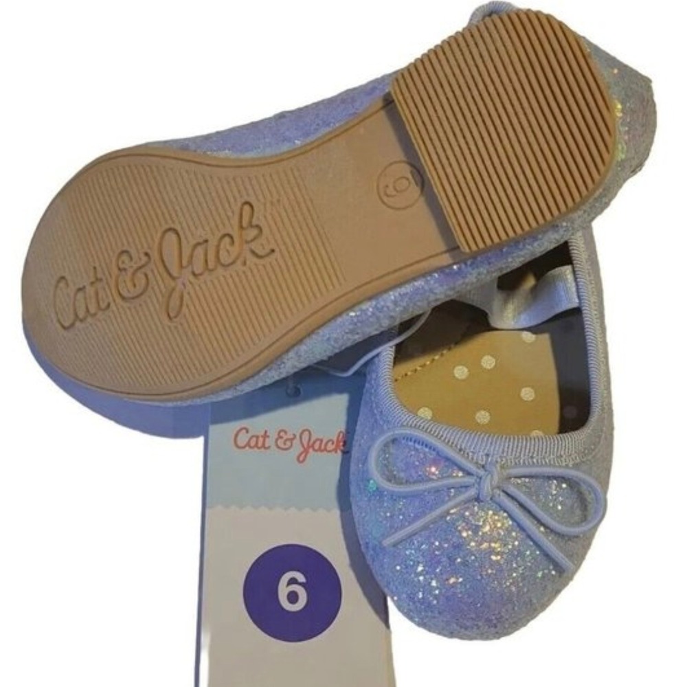 Cat & Jack Toddler Girls Silver Lily Glitter Ballet Flats Bow Strap Shoes Size 6 - Picture 6 of 6